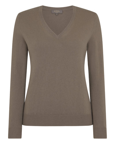 N.Peal Women's Phoebe V Neck Cashmere Jumper Vintage Khaki Green