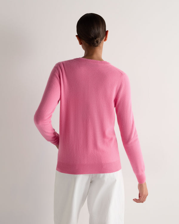 N.Peal Women's Olivia Round Neck Cashmere Cardigan Camellia Pink