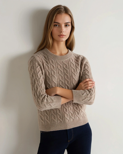 N.Peal Women's Emilia Cable Round Neck Cashmere Jumper Oatmeal Brown
