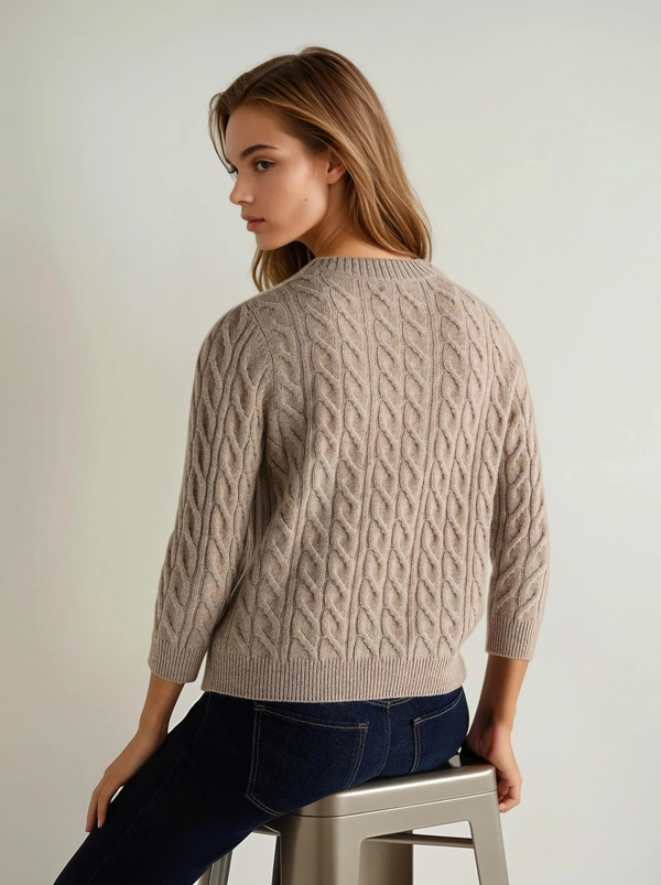 N.Peal Women's Emilia Cable Round Neck Cashmere Jumper Oatmeal Brown