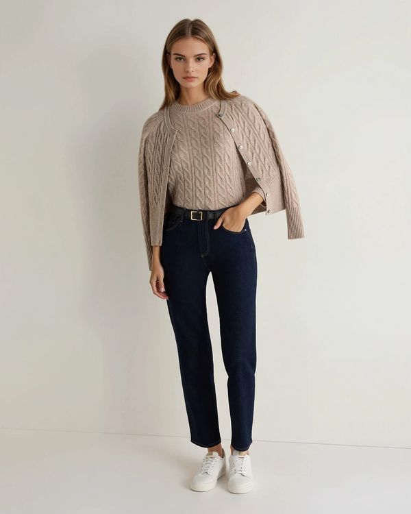 N.Peal Women's Emilia Cable Round Neck Cashmere Jumper Oatmeal Brown