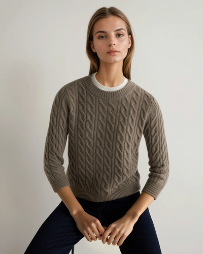 N.Peal Women's Emilia Cable Round Neck Cashmere Jumper Vintage Khaki Green