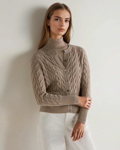 N.Peal Women's Myla Cable Cashmere Cardigan Oatmeal Brown