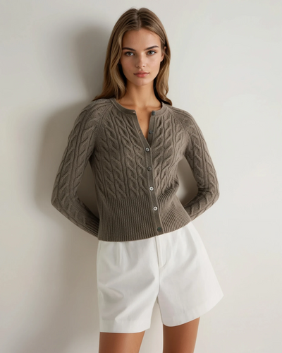 N.Peal Women's Myla Cable Cashmere Cardigan Vintage Khaki Green