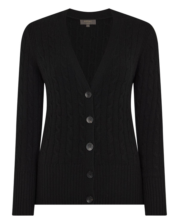 N.Peal Women's Clara Cable V Neck Cashmere Cardigan Black