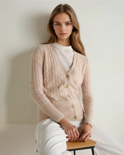 N.Peal Women's Clara Cable V Neck Cashmere Cardigan Ecru White