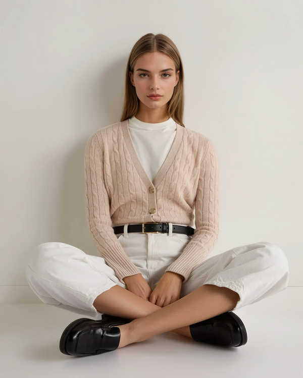 N.Peal Women's Clara Cable V Neck Cashmere Cardigan Ecru White