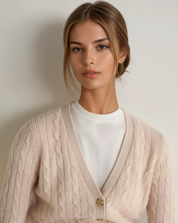 N.Peal Women's Clara Cable V Neck Cashmere Cardigan Ecru White