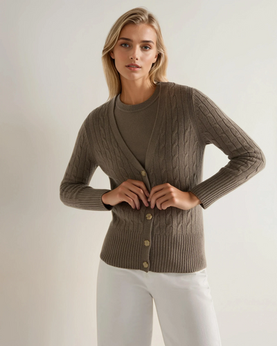 N.Peal Women's Clara Cable V Neck Cashmere Cardigan Vintage Khaki Green