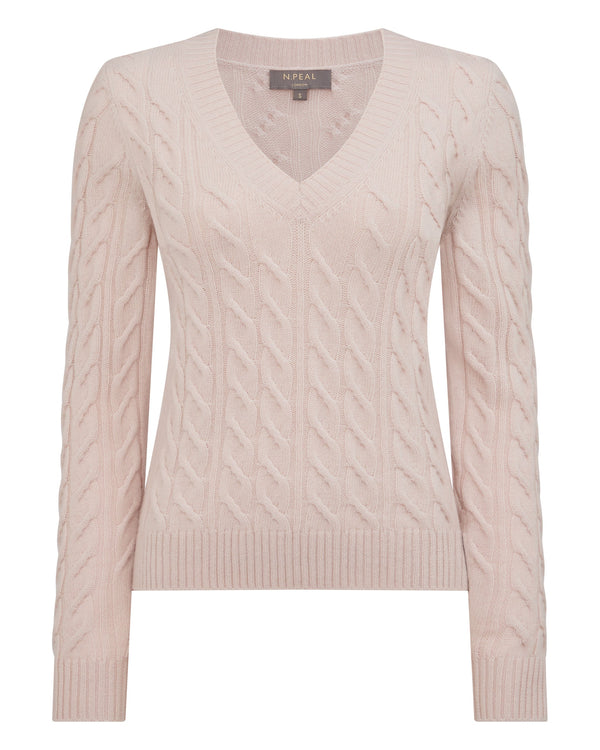 N.Peal Women's Frankie Cable V Neck Cashmere Jumper Dusk Pink