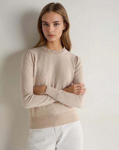 N.Peal Women's Woven Ruffle Cashmere Jumper Ecru White