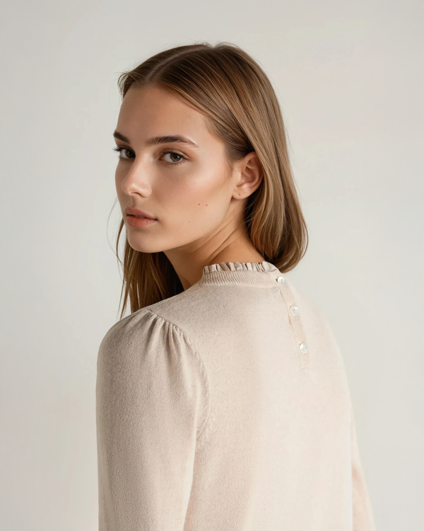 N.Peal Women's Woven Ruffle Cashmere Jumper Ecru White