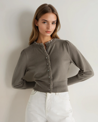 N.Peal Women's Ruffle Trim Cashmere Cardigan Vintage Khaki Green