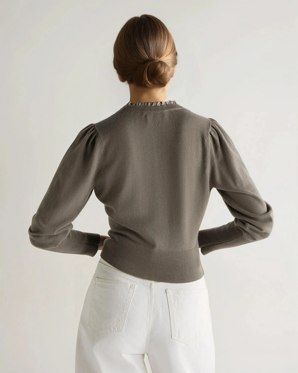 N.Peal Women's Ruffle Trim Cashmere Cardigan Vintage Khaki Green
