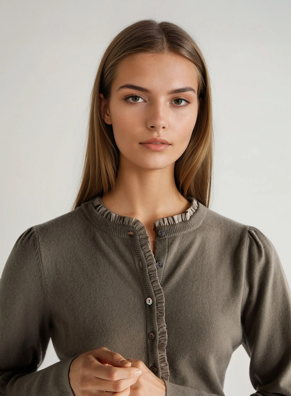 N.Peal Women's Ruffle Trim Cashmere Cardigan Vintage Khaki Green
