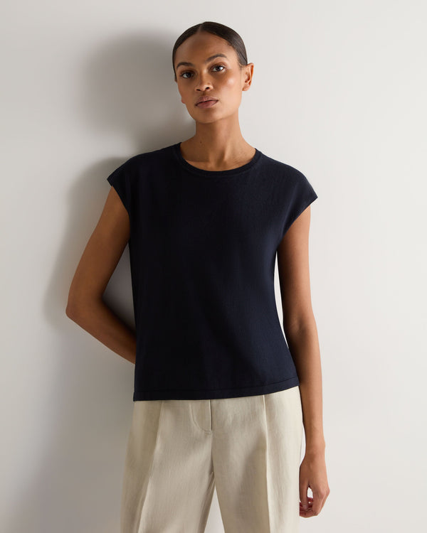 N.Peal Women's Cotton Cashmere Silk Top Navy Blue