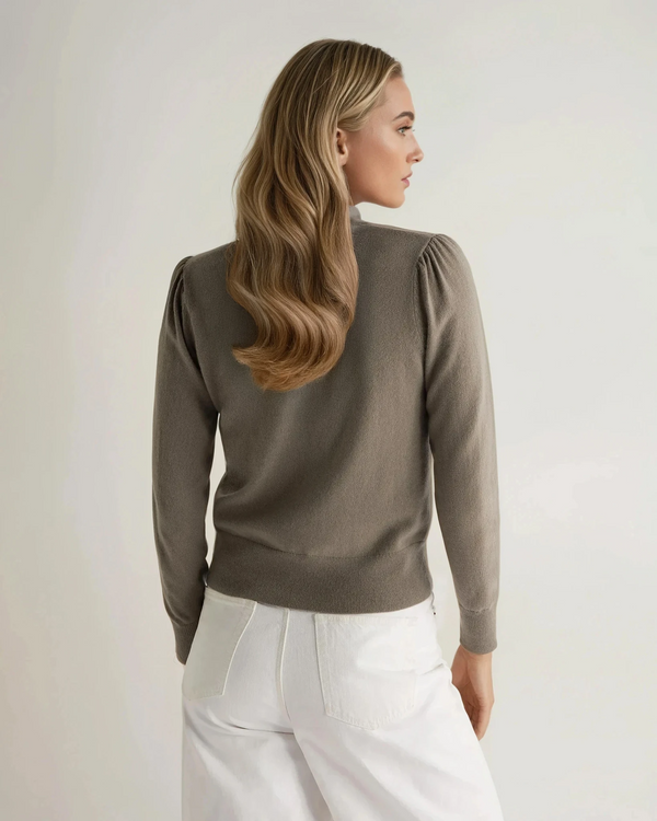 N.Peal Women's Ruffle Trim V Neck Cashmere Jumper Vintage Khaki Green