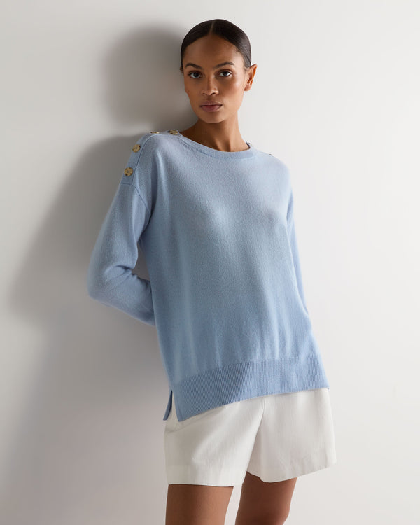 N.Peal Women's Button Shoulder Round Neck Cashmere Jumper Sea Mist Blue