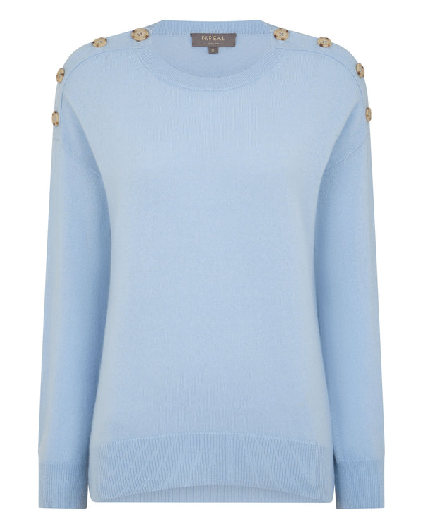 N.Peal Women's Button Shoulder Round Neck Cashmere Jumper Sea Mist Blue