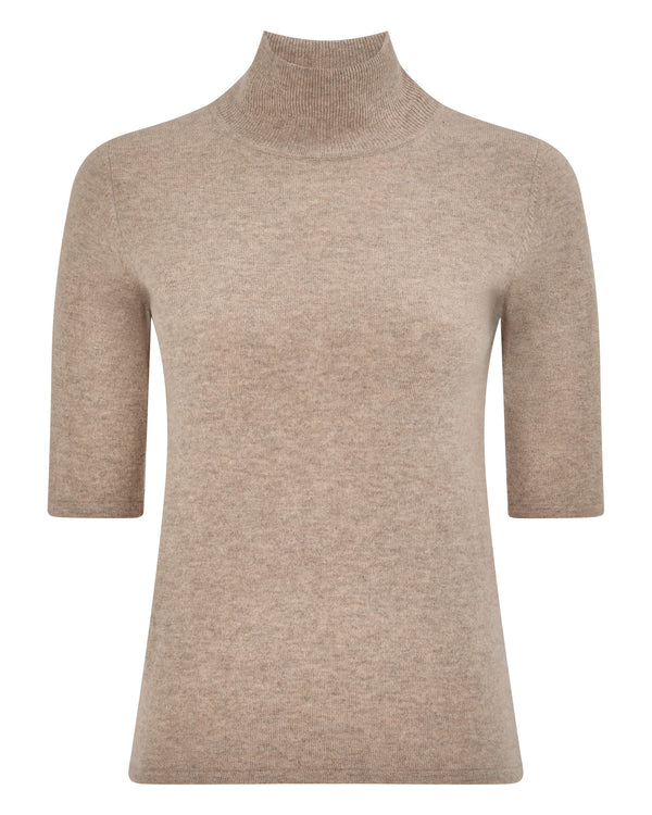 N.Peal Women's Mock Neck Cashmere T-Shirt Oatmeal Brown