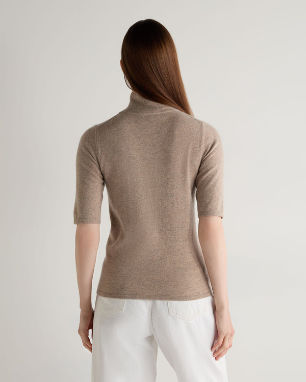 N.Peal Women's Mock Neck Cashmere T-Shirt Oatmeal Brown