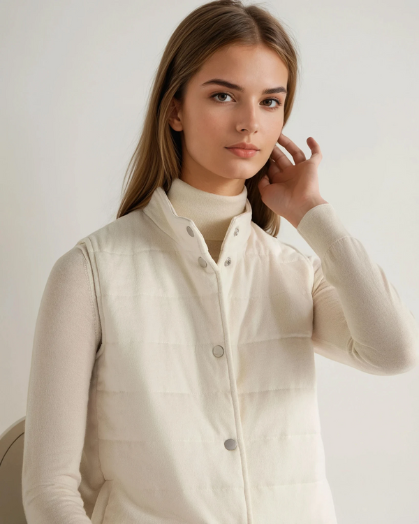 N.Peal Women's Button Through Cotton Blend Quilted Gilet New Ivory White