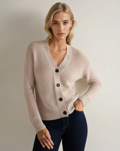 N.Peal Women's Mesh Stitch Cashmere Cardigan Ecru White Sparkle