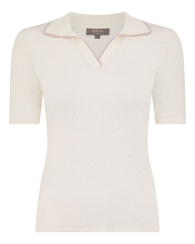 N.Peal Women's Linen Blend Collared Top New Ivory White