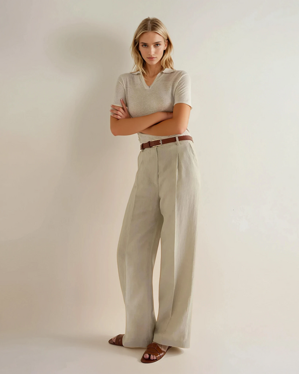 N.Peal Women's Linen Blend Collared Top New Ivory White