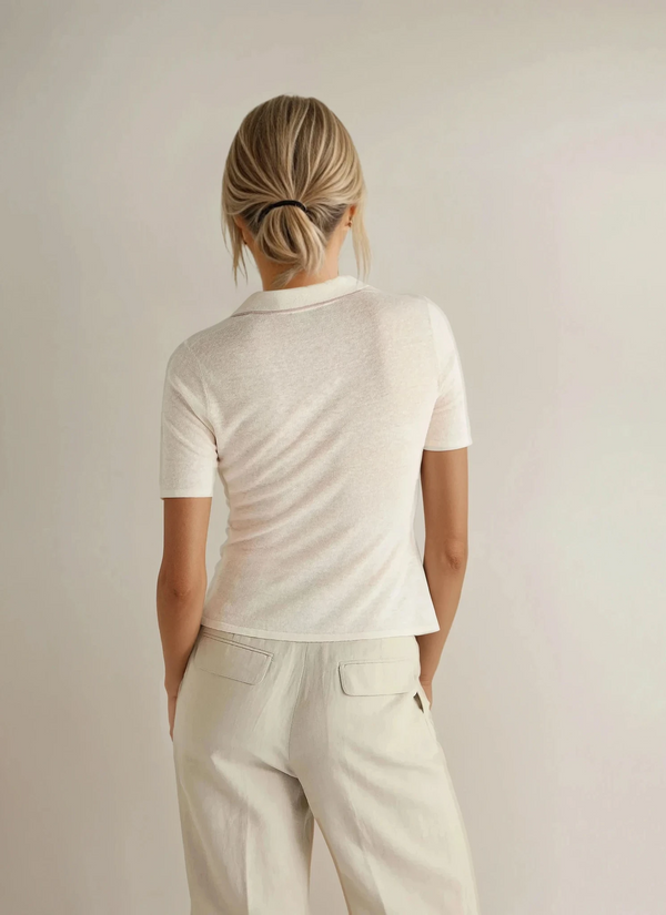 N.Peal Women's Linen Blend Collared Top New Ivory White
