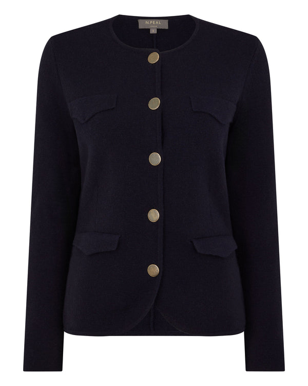 N.Peal Women's Round Neck Cashmere Blazer Navy Blue