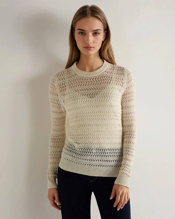 N.Peal Women's Open Stitch Linen Blend Jumper New Ivory White
