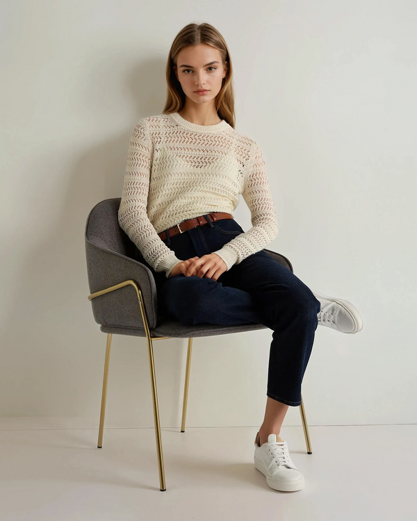 N.Peal Women's Open Stitch Linen Blend Jumper New Ivory White