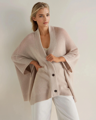 N.Peal Women's Mesh Stitch Cashmere Cape Ecru White Sparkle