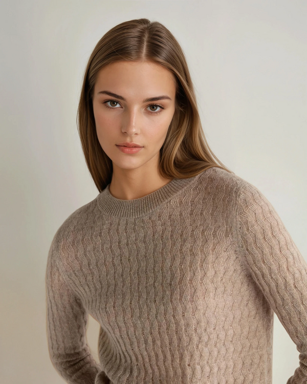 N.Peal Women's Moving Rib Cashmere Jumper Oatmeal Brown