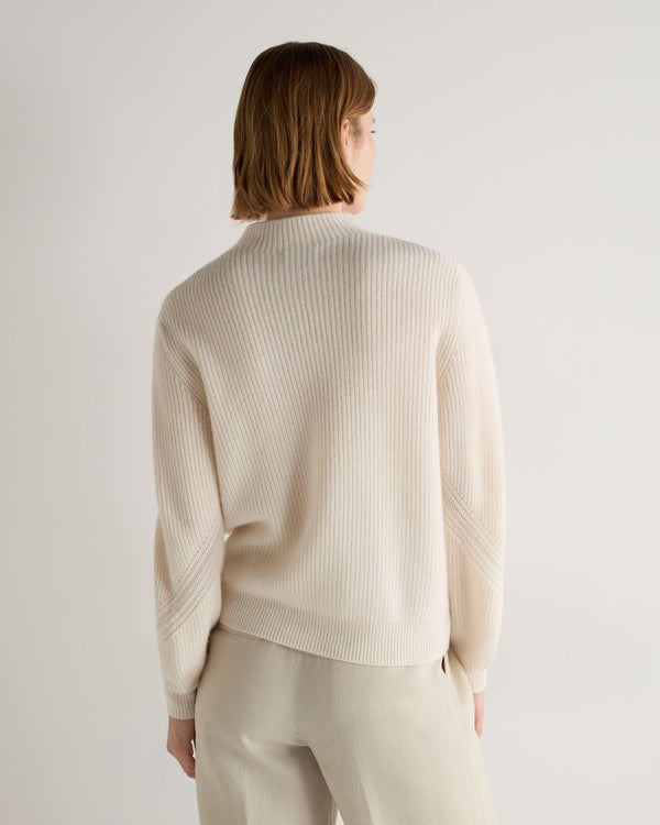 N.Peal Women's Ribbed Funnel Neck Cashmere Jumper New Ivory White