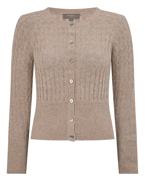 N.Peal Women's Moving Rib Cashmere Cardigan Oatmeal Brown