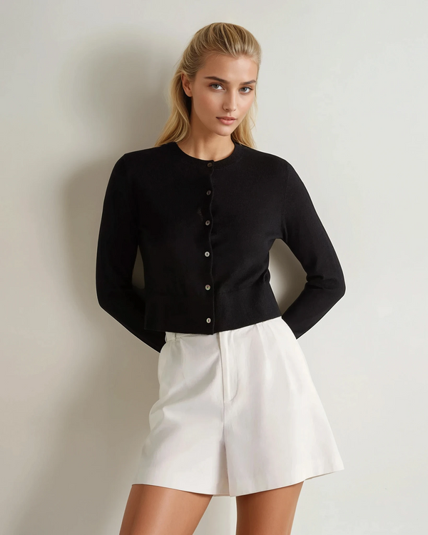 N.Peal Women's Superfine Cashmere Round Neck Cardigan Black