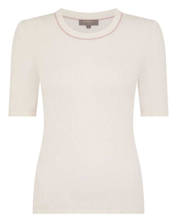 N.Peal Women's Linen Blend Round Neck Top New Ivory White