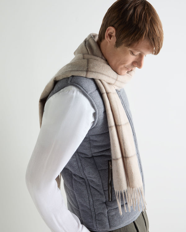 Unisex Cashmere Check Scarf Ecru White + Brown