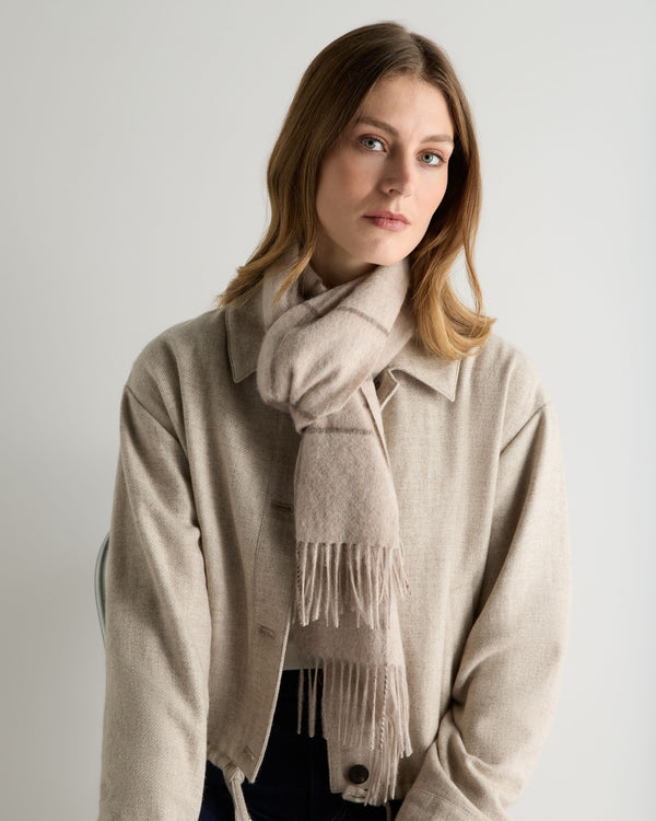 Unisex Cashmere Check Scarf Ecru White + Brown