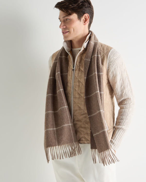 N.Peal Unisex Cashmere Check Scarf Taupe Brown + Natural Brown