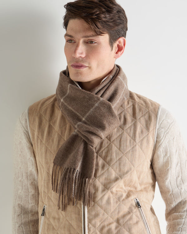 N.Peal Unisex Cashmere Check Scarf Taupe Brown + Natural Brown