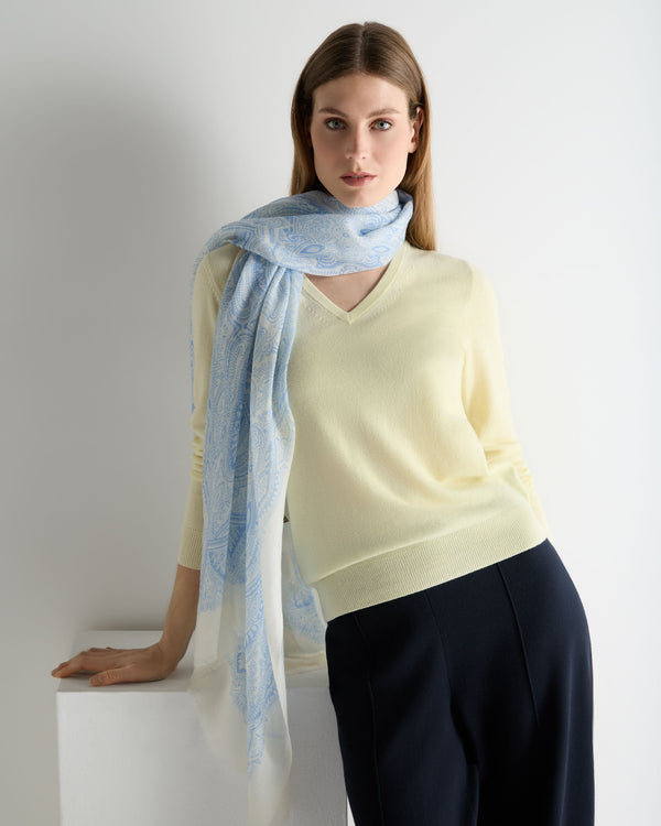 N.Peal Women's Paisley Cashmere Pashmina Sea Mist Blue