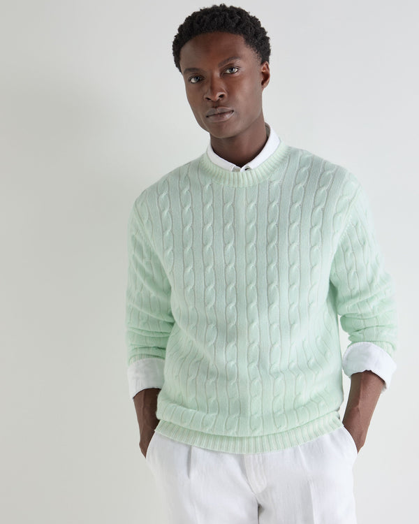 N.Peal Men's Thames Cable Round Neck Cashmere Jumper Mint Green
