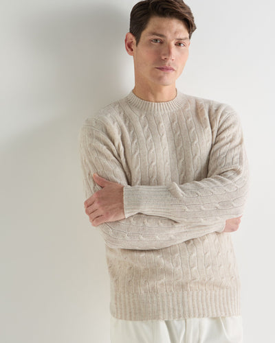 N.Peal Men's Thames Cable Round Neck Cashmere Jumper Sand Brown