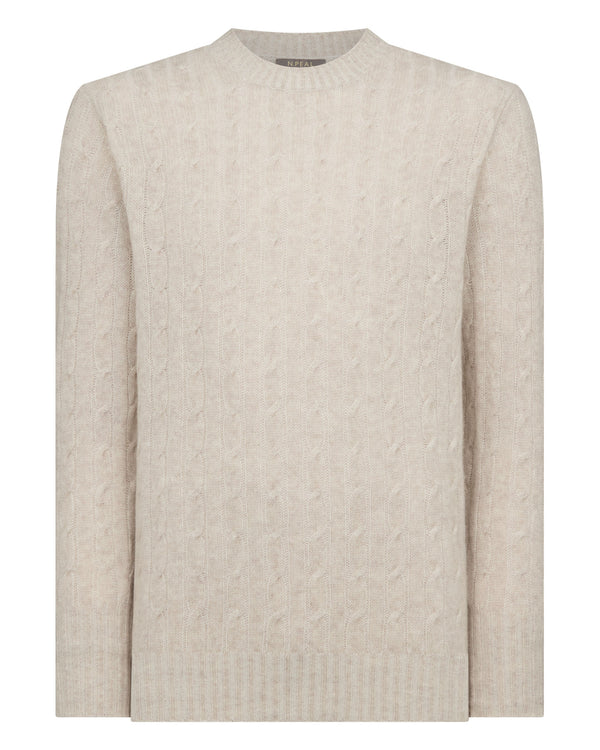 N.Peal Men's Thames Cable Round Neck Cashmere Jumper Sand Brown