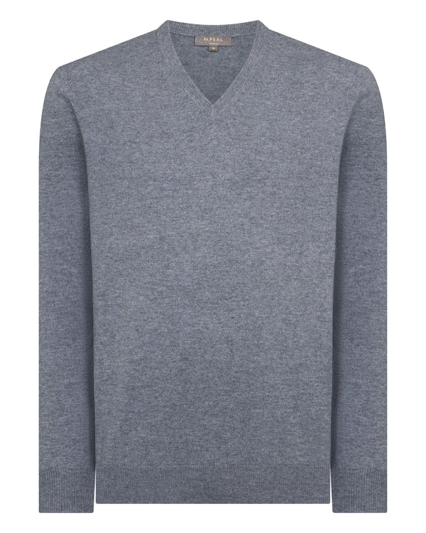 N.Peal Men's Burlington V Neck Cashmere Jumper Ash Grey