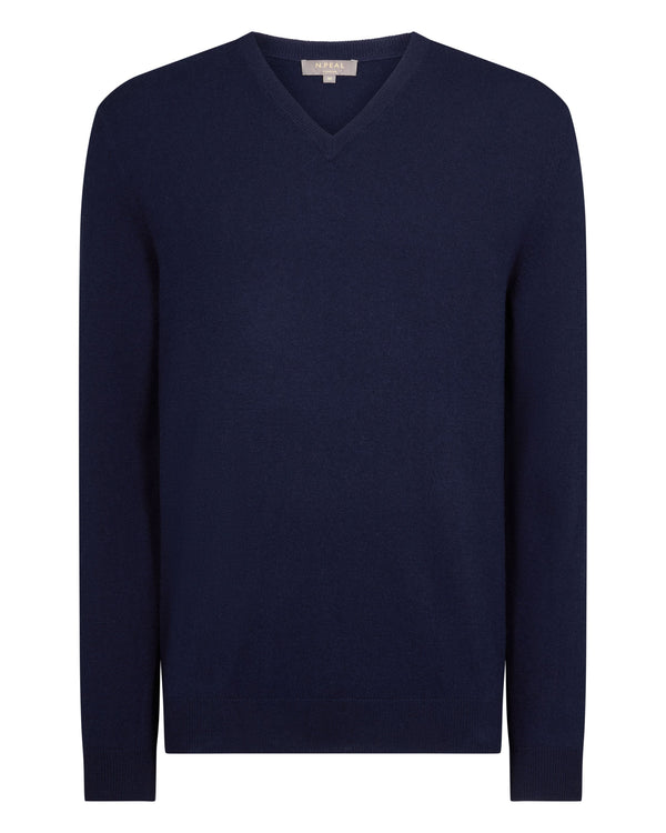 N.Peal Men's Burlington V Neck Cashmere Jumper Deep French Blue
