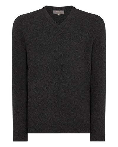 N.Peal Men's Burlington V Neck Cashmere Jumper Deep Charcoal Grey